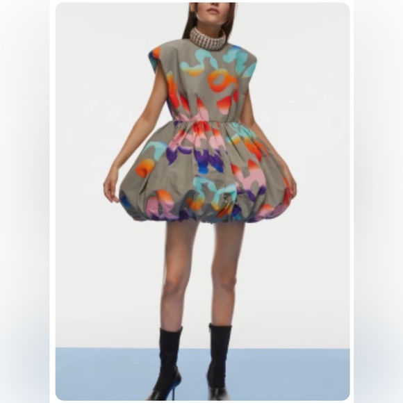 H&M Studio A/W 2021 gray/multi colored balloon skirt mini dress. - Picture 2 of 6